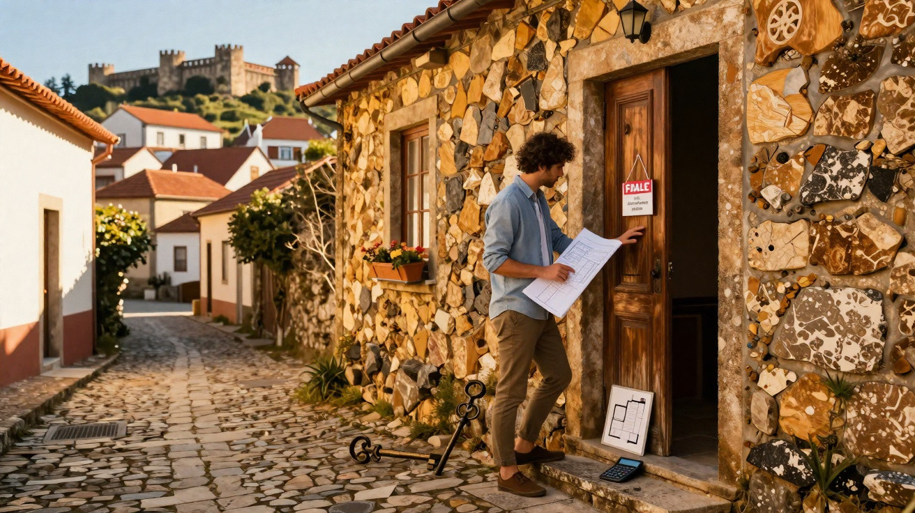 Homem com planta na mão verifica casa de pedra à venda em rua de pedra com castelo ao fundo.