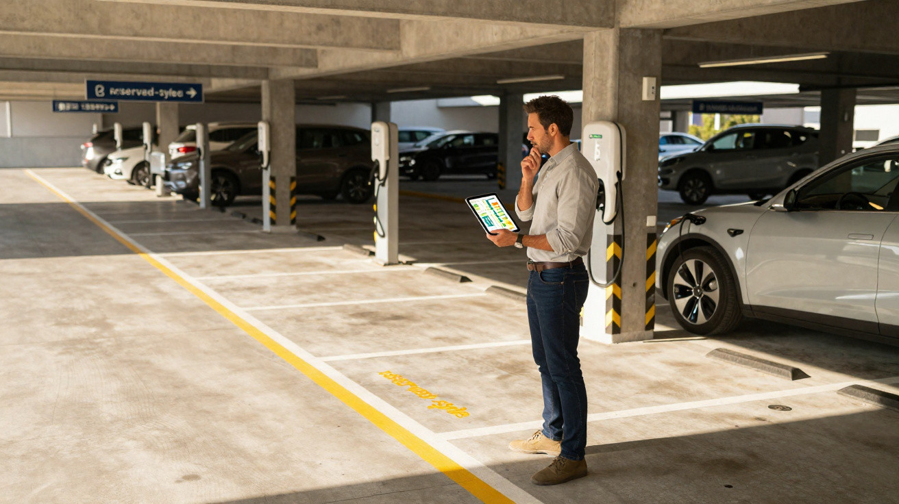 Homem pensando com tablet na mão em estacionamento coberto com carros elétricos carregando.