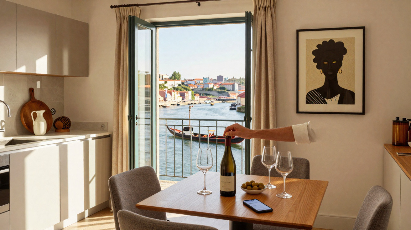 Cozinha moderna com mesa e garrafa de vinho, vista para rio com barcos e casas coloridas ao fundo.