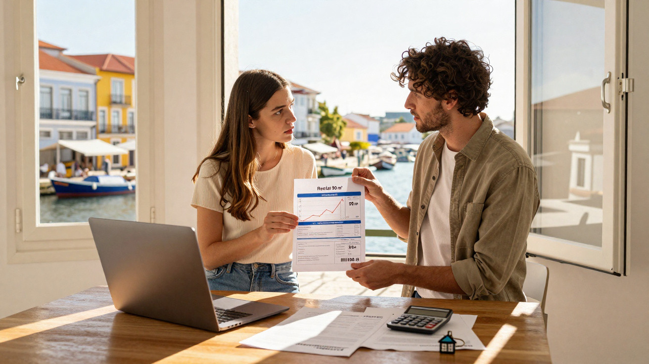 Casal sentado à mesa discutindo contas e finanças com gráfico, laptop e calculadora à frente.
