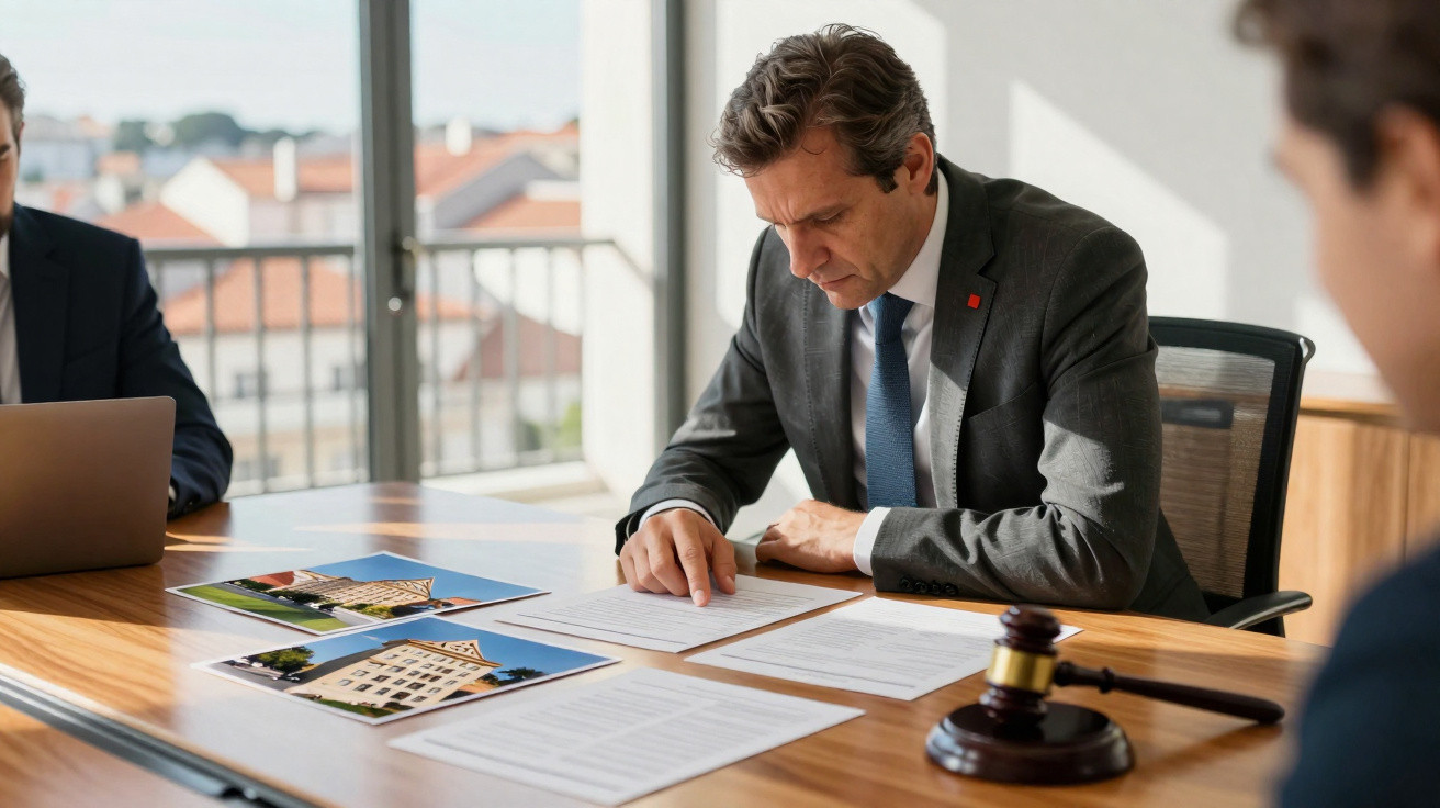 Homem de terno revisando documentos em mesa com fotos de imóveis e martelo jurídico.