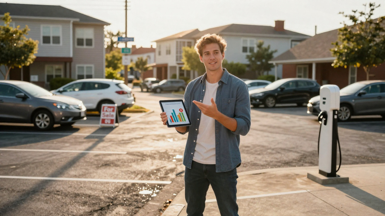Homem mostrando gráfico em tablet em área residencial com carros estacionados e placa de venda.