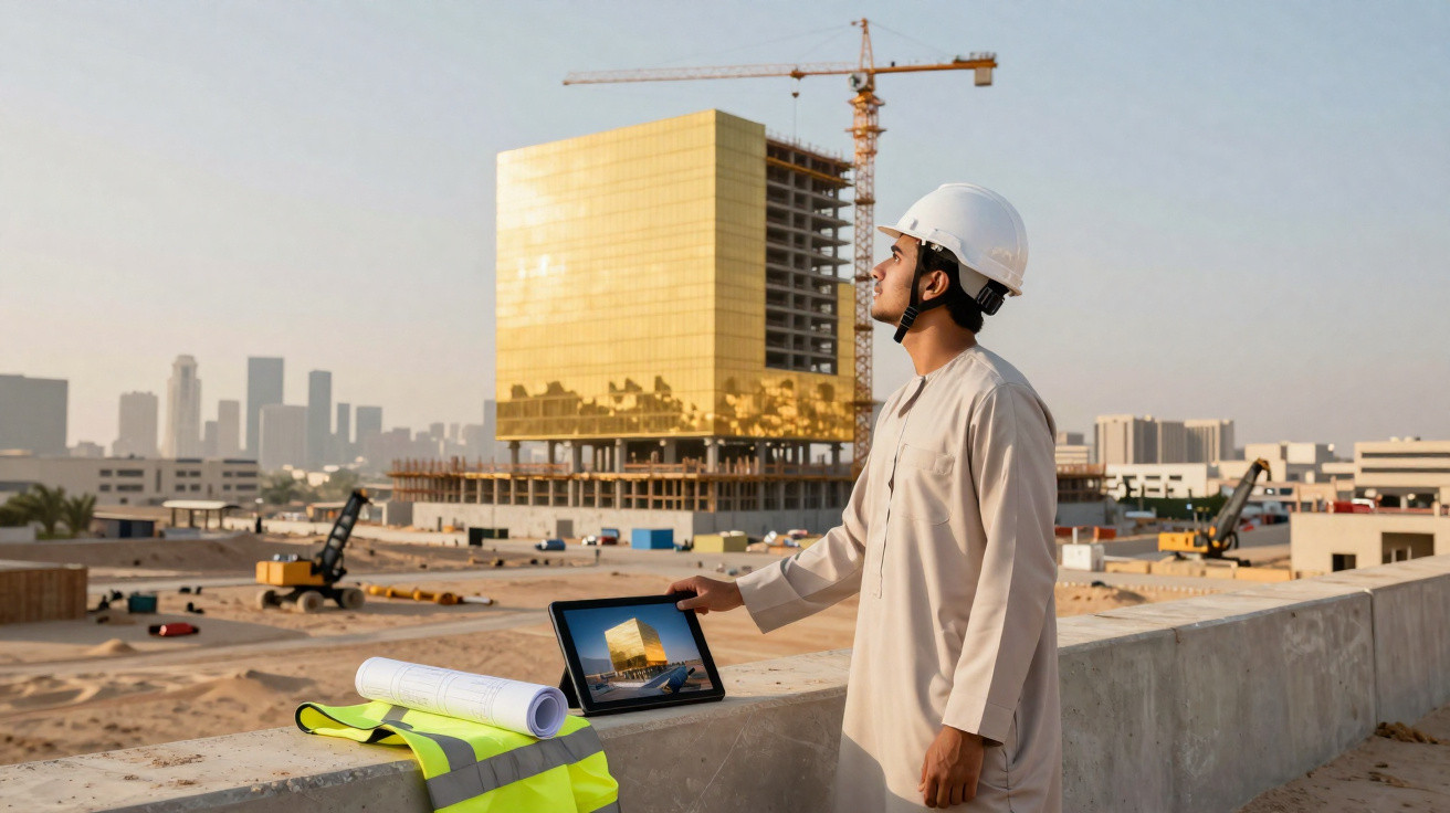 Homem com capacete observa prédio dourado em construção em área urbana, com planta e colete à vista.