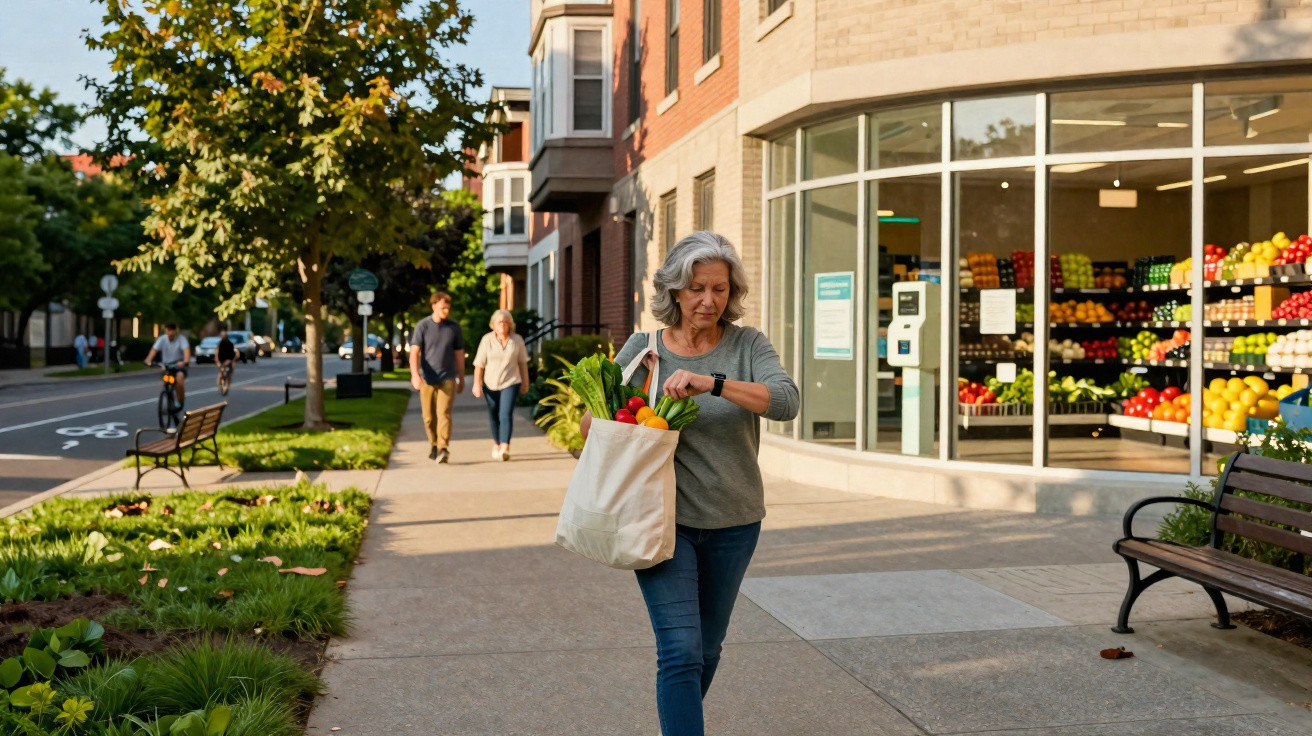Mulher caminhando na calçada com sacola de compras cheia de legumes em frente a mercado em dia ensolarado.