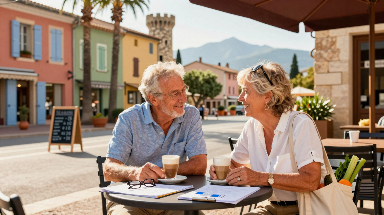 Casal idoso tomando café e conversando em mesa ao ar livre em praça com prédio coloridos ao fundo.