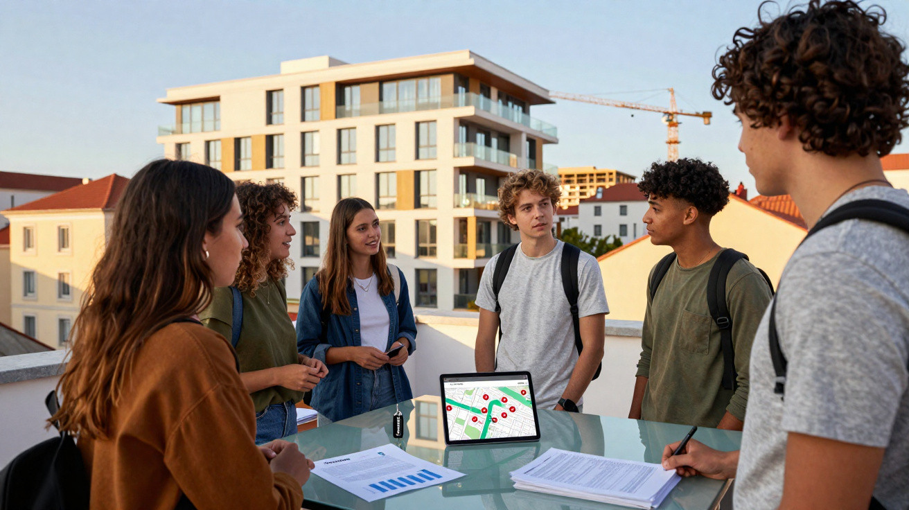 Grupo de seis jovens reunidos ao redor de mesa com mapas e documentos em área externa urbana.