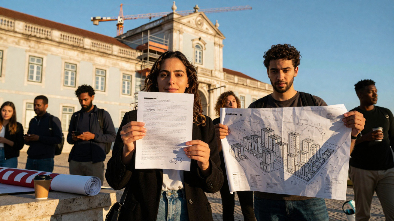 Jovens seguram documentos e plantas com edifícios em frente a prédio histórico em dia ensolarado.