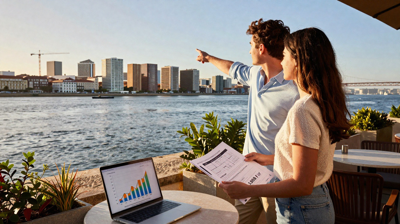 Casal analisa gráficos em laptop e papéis com vista para rio e prédios ao pôr do sol.