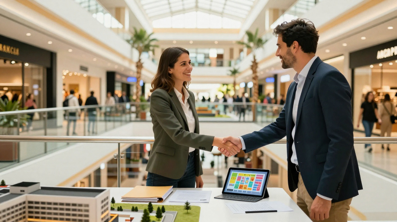 Mulher e homem apertando as mãos em modelo de arquitetura sobre mesa em shopping.