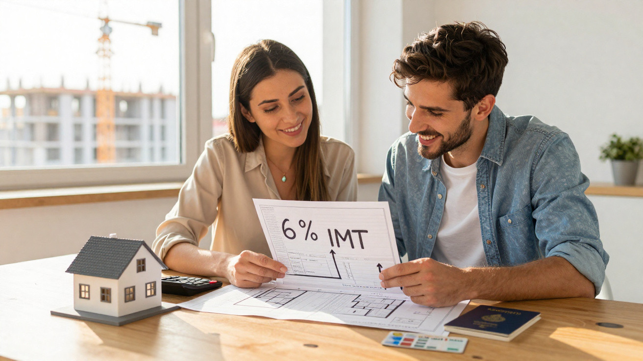 Casal analisando documento sobre taxa imobiliária sentado à mesa com miniatura de casa e plantas.