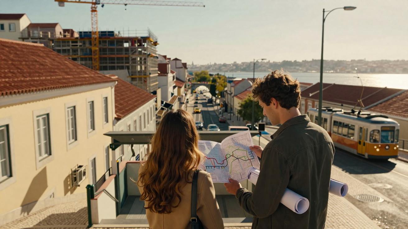 Casal olhando mapa na rua com bonde amarelo, edifícios e rio ao fundo em um dia ensolarado.