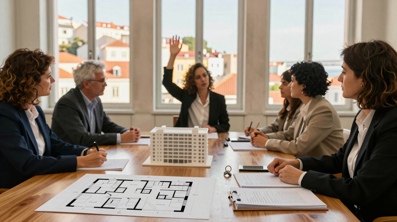 Equipe de arquitetos reunida em reunião com planta baixa e maquete de prédio na mesa.
