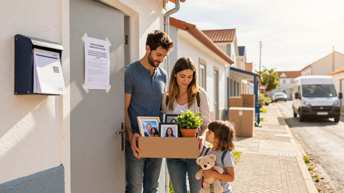 Casal segurando caixa com fotos e planta, criança com ursinho na porta de casa nova em bairro residencial.