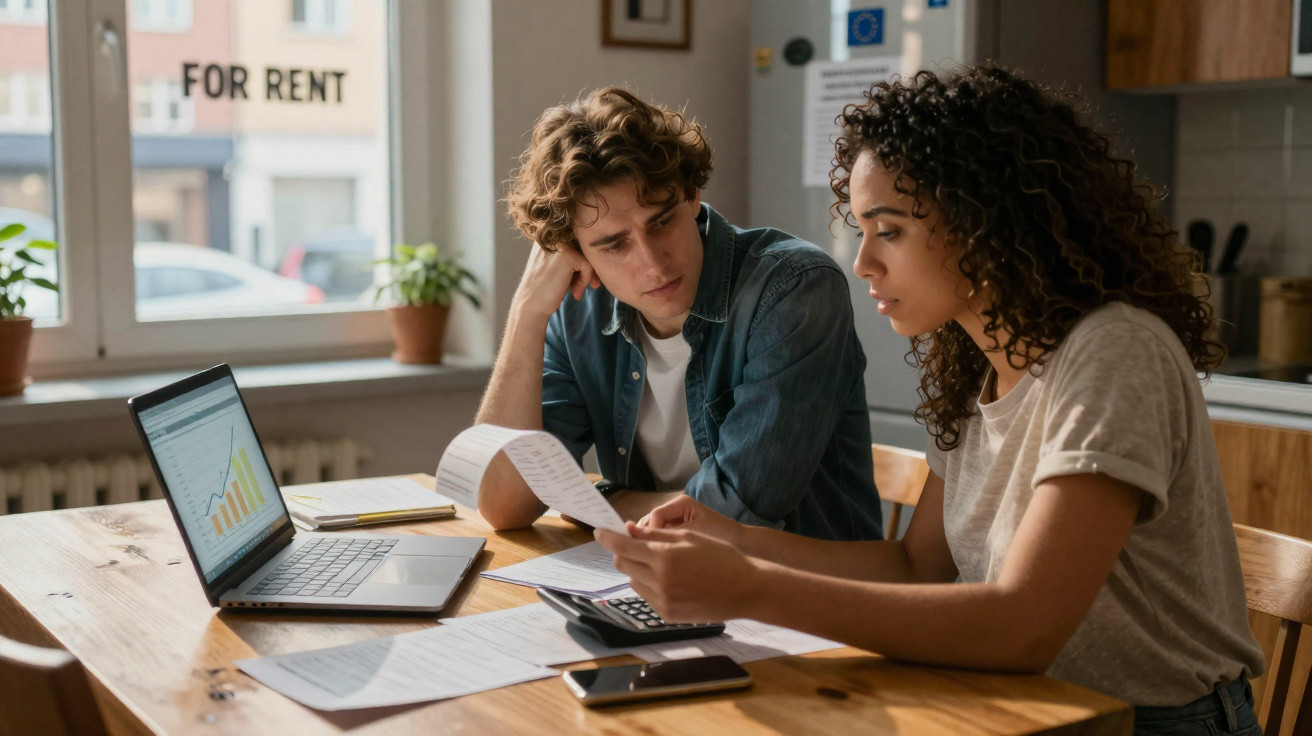 Casal jovem sentado à mesa, analisando contas e gráficos no laptop em ambiente doméstico.