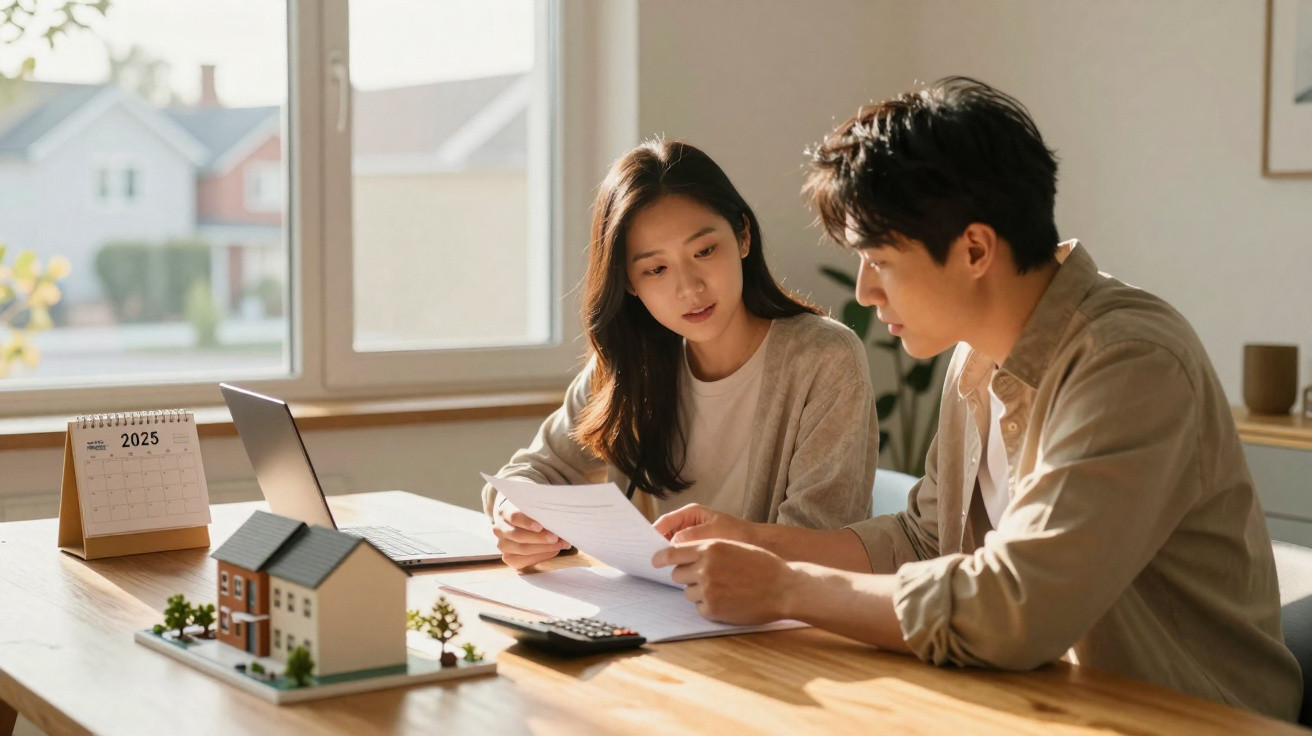 Casal jovem analisando documentos financeiros sobre compra de casa em mesa com miniatura e calendário.