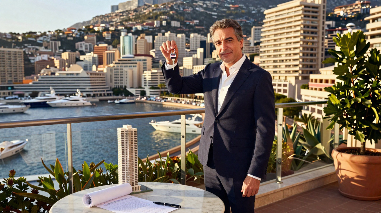 Homem de terno segurando chave em sacada com vista para marina e prédios ao fundo, modelo arquitetônico na mesa.
