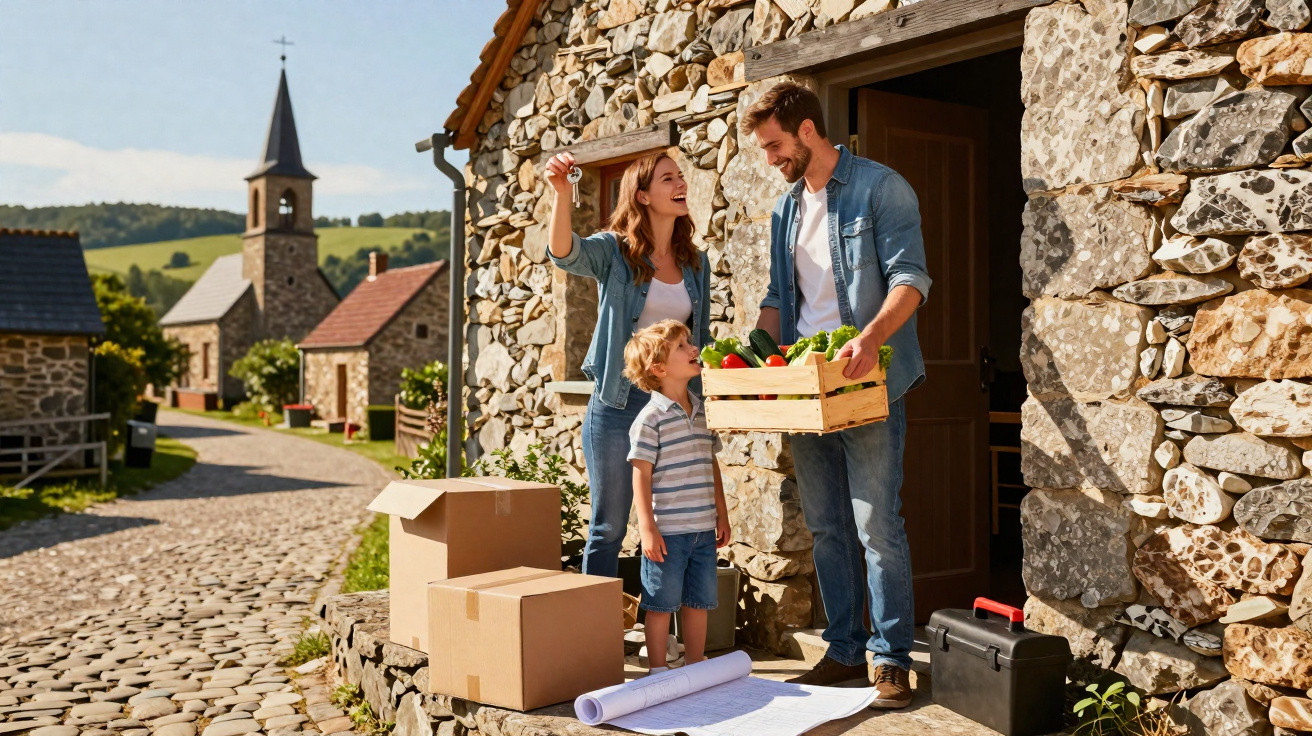 Família feliz na porta de casa de pedra com caixas, vegetais e planta da nova residência rural.