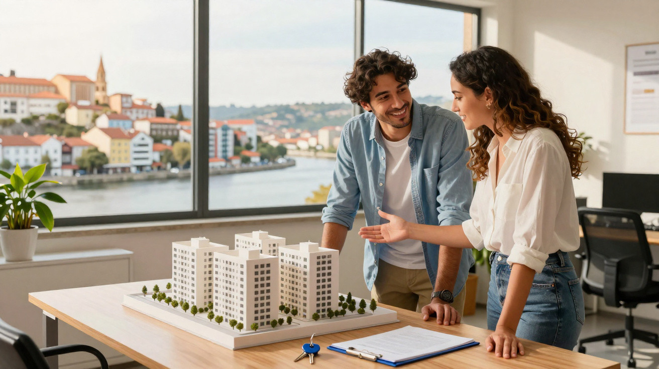 Homem e mulher discutindo maquete de prédios em escritório com grande janela e vista para rio e cidade.