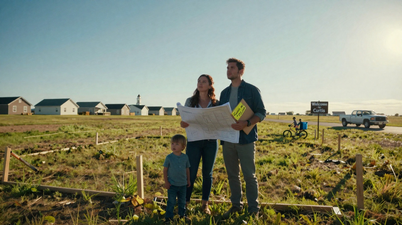 Família com planta baixa em terreno aberto, casas ao fundo e placa de boas-vindas em Curtis.