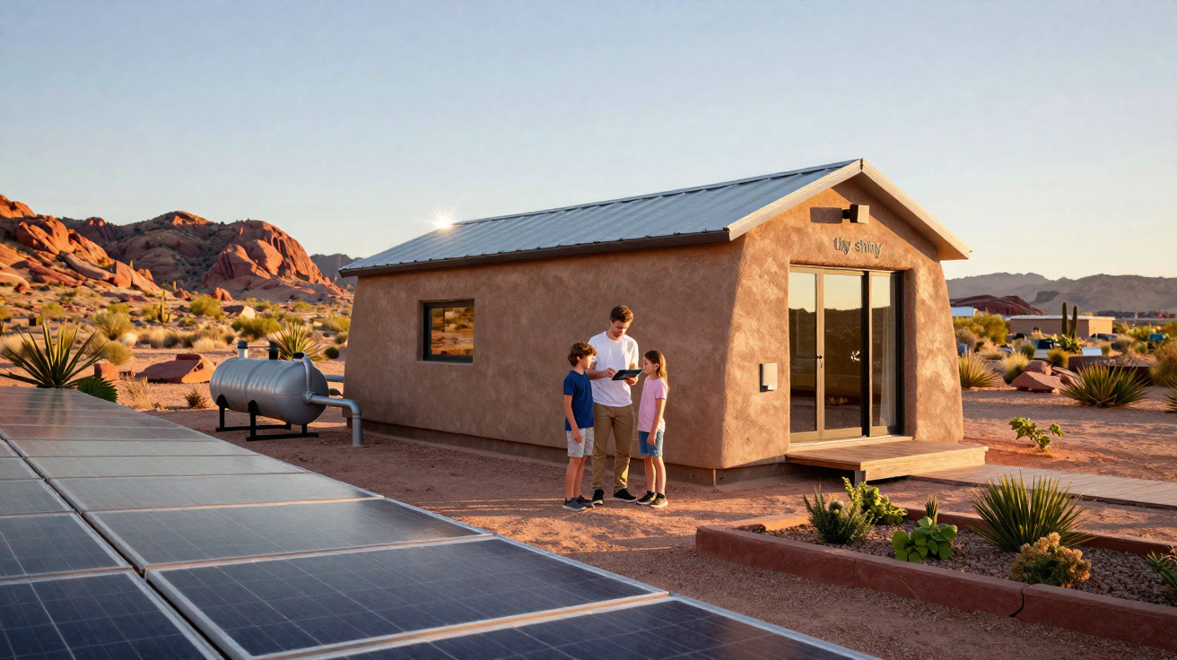 Casa pequena com painéis solares e três pessoas em área desértica ao entardecer.