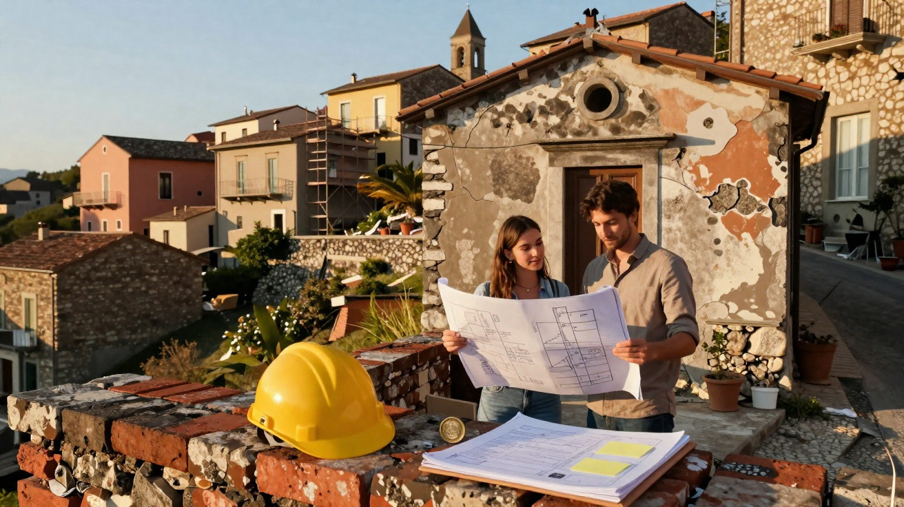 Casal analisa planta de construção em área externa com capacete amarelo sobre muro de pedras.