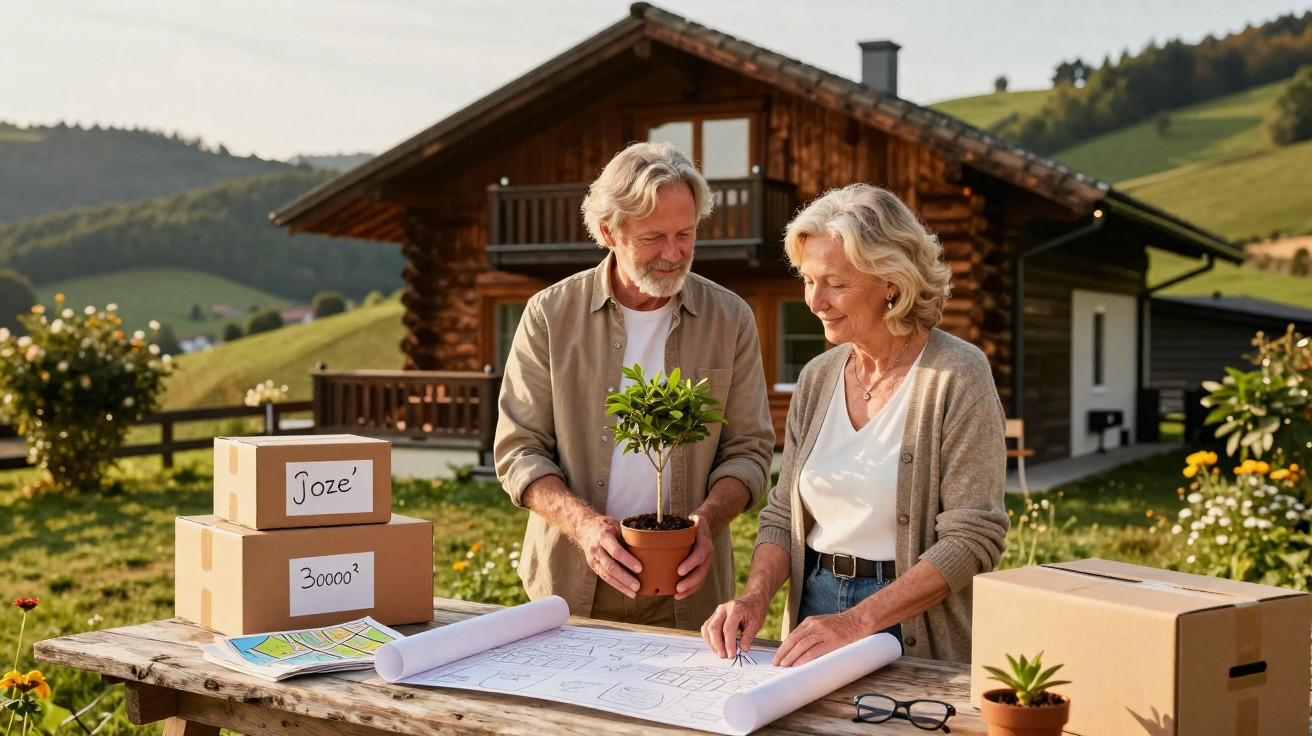 Casal de idosos analisa plantas arquitetônicas na mesa ao ar livre, com caixas e casa de madeira ao fundo.