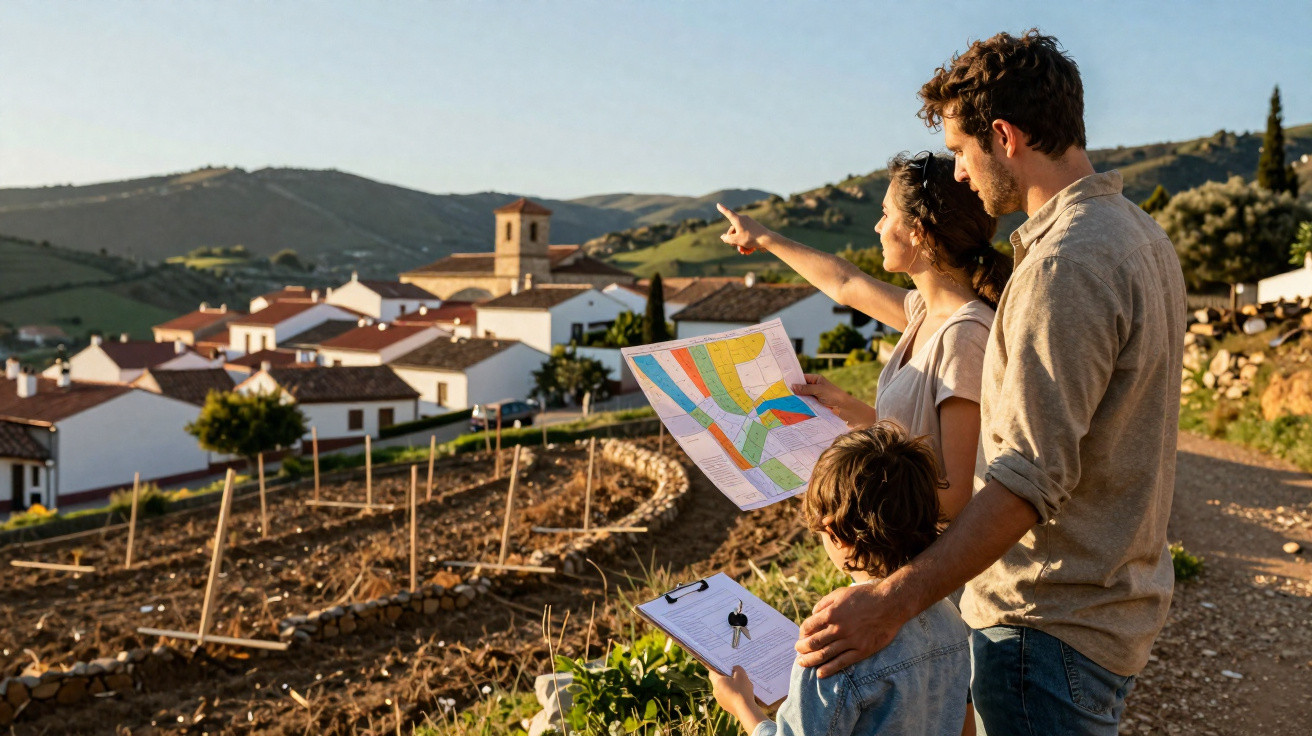 Família observa mapa em área rural perto de vilarejo com casas brancas e colinas ao fundo.