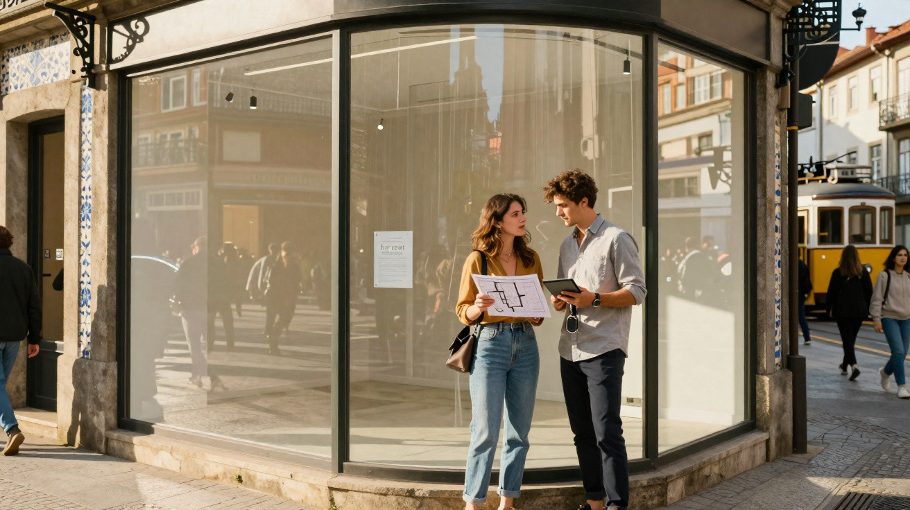 Casal jovem conversa em frente a vitrine de loja em rua movimentada com bonde ao fundo.