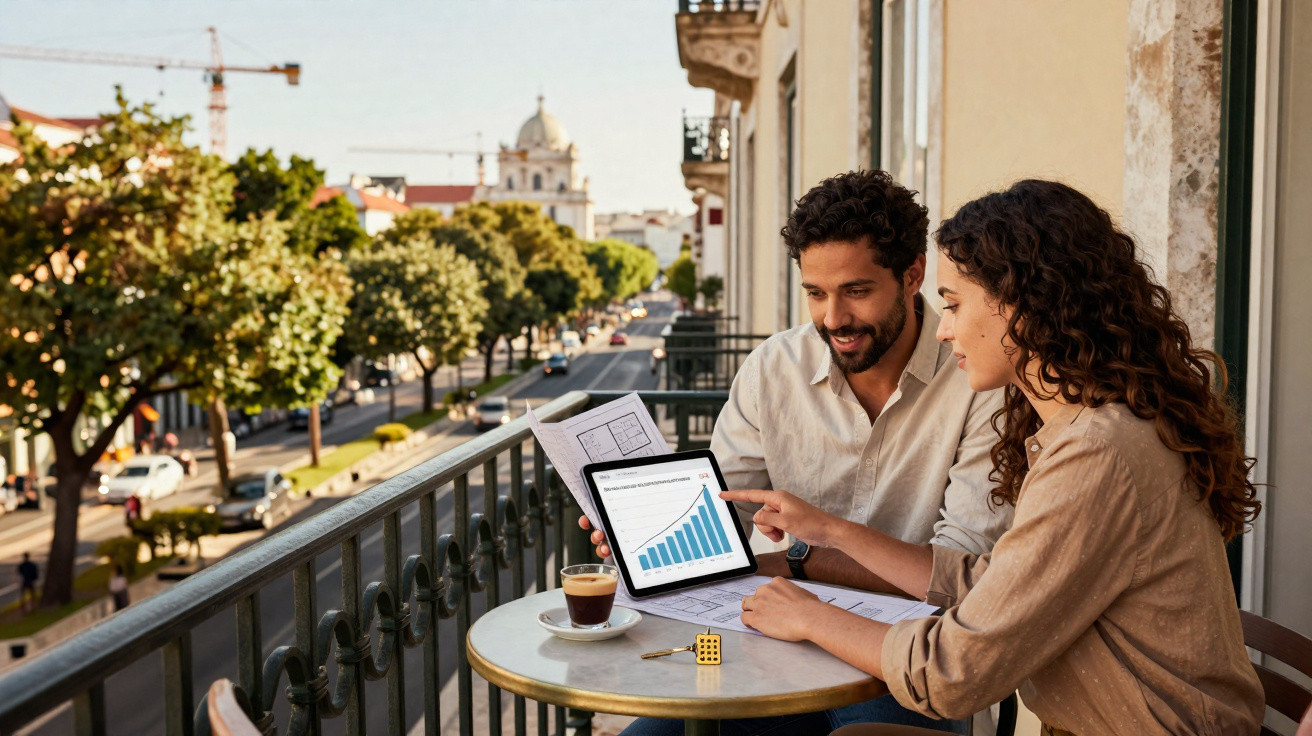 Casal analisando gráfico de crescimento em tablet na sacada de café com rua arborizada ao fundo.